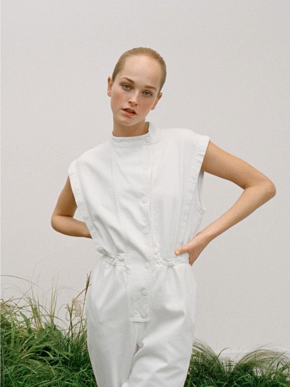 Zara White Denim Utility Jumpsuit Sleeveless Barrel Leg Snap Front Size M - Picture 6 of 11